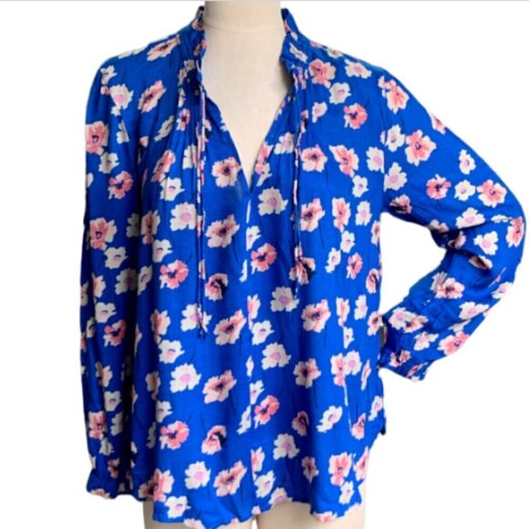 Lucky Brand Floral V-Neck/Tie-Neck Top Slit Shoulder Sz M Blue Pink 52G - Picture 2 of 12